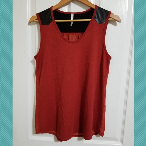 Poet Burnt Orange Top Faux Leather Trim Sheer Back - Picture 1 of 4